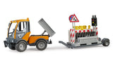 Bruder 1:16 VarioCar 02693 with the tipping flatbed raised beside the road safety trailer loaded with traffic control equipment