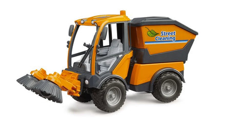 Bruder 1:16 VarioCar Street Sweeper 02691 front three quarter view showing both round sweeping brushes and articulated cab