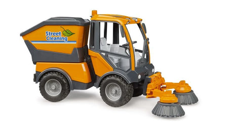 Bruder 1:16 VarioCar Street Sweeper 02691 left side view showing the orange cab, refuse container and two front sweeping brushes