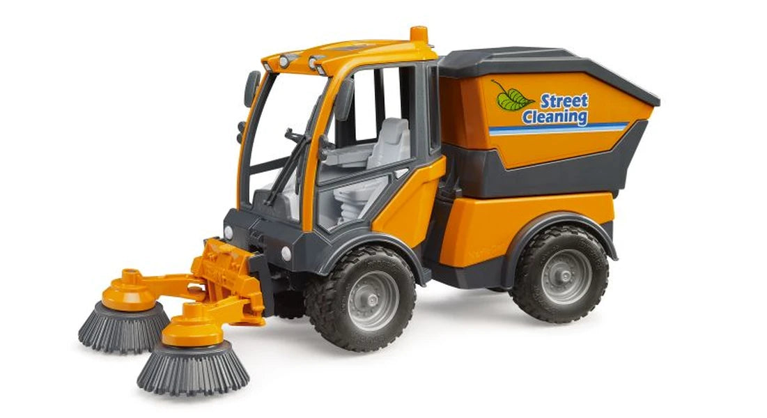 Bruder 1:16 VarioCar Street Sweeper 02691 right side view showing the cab, Street Cleaning graphics and twin front brushes