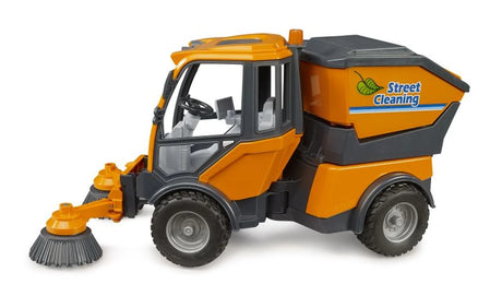 Bruder 1:16 VarioCar Street Sweeper 02691 side view showing the cab, refuse container, wheels and front sweeping brush