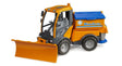 Bruder VarioCar Winter Service 02690 front three-quarter view showing the orange curved snow plough blade, cab and blue grit hopper lid.