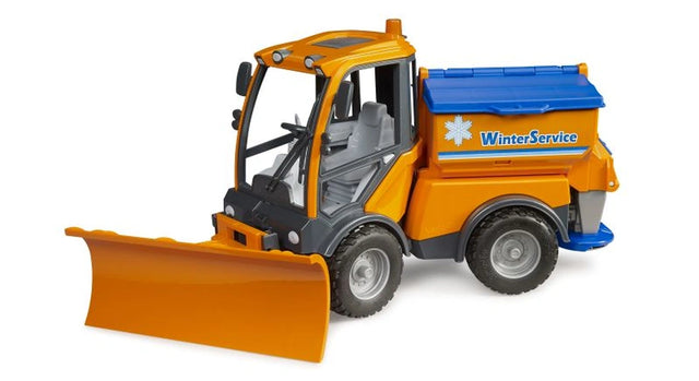 Bruder VarioCar Winter Service 02690 front three-quarter view showing the orange curved snow plough blade, cab and blue grit hopper lid.