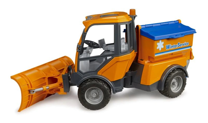 Bruder VarioCar Winter Service 02690 side view showing the rear supports of the orange snow blade, vehicle cab and blue covered grit hopper.