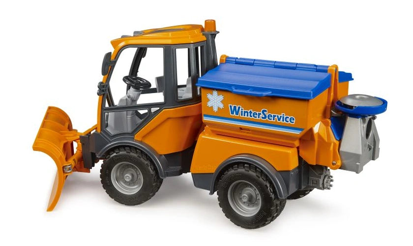 Bruder VarioCar Winter Service 02690 rear three-quarter view showing the orange grit container, blue lid and circular blue spreading disc.