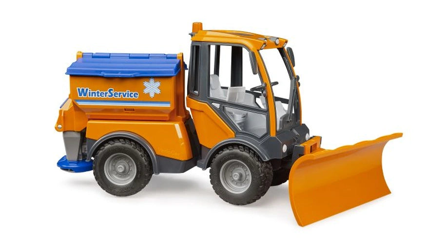 Bruder 1:16 VarioCar Winter Service 02690 orange snow plough vehicle with blue covered grit hopper and wide front snow blade.