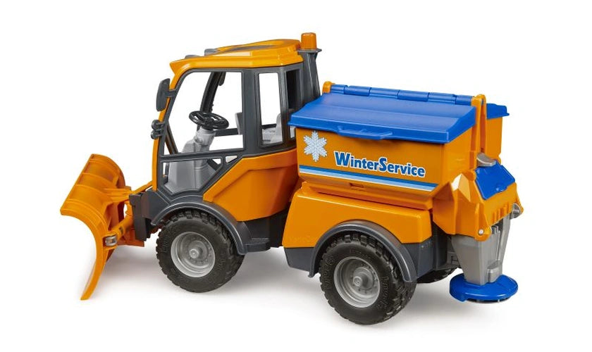 Bruder VarioCar Winter Service 02690 side and rear view with closed blue grit hopper, orange front snow blade and blue rear spreading disc.