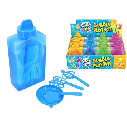 Bubble Play Kit with blue bubble bottle, bubble tray, shaped wands and assorted colour display box