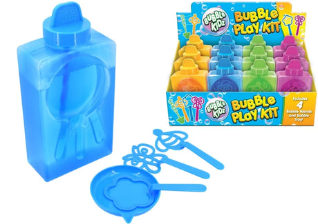 Bubble Play Kit display box with yellow, blue, green and pink bottles plus shaped bubble wands