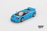 Blu Bugatti EB110 Super Sport viewed from the front and side showing the low nose, bonnet vents, black roof section and rear wing