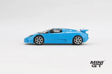 Mini GT Bugatti EB110 Super Sport in Blu Bugatti shown in full side profile with silver wheels and fixed rear wing