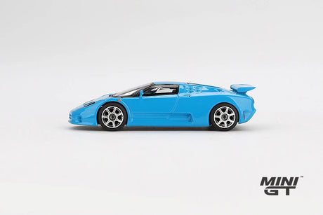 Mini GT Bugatti EB110 Super Sport in Blu Bugatti shown in full side profile with silver wheels and fixed rear wing