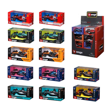 Burago 1:43 F1 Car 2025 assortment showing boxed Ferrari model cars and a red display box
