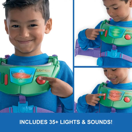 Child pressing the red jetpack button with panels showing the green and red light effects