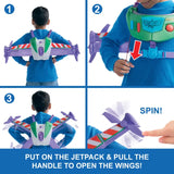 Step sequence showing a child pulling the jetpack handle to open the wings and spin the purple rotor