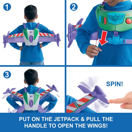 Step sequence showing a child pulling the jetpack handle to open the wings and spin the purple rotor