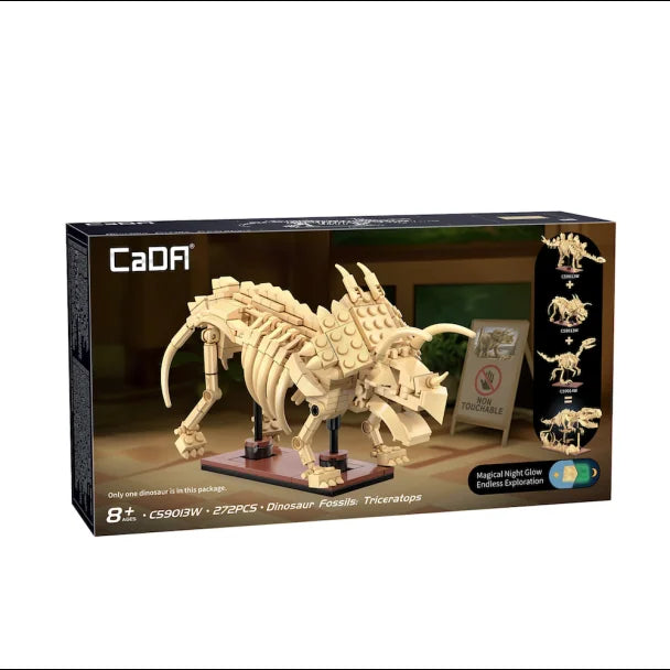 CaDA Dinosaur Fossils Triceratops box showing tan skeletal model on brown base with museum background