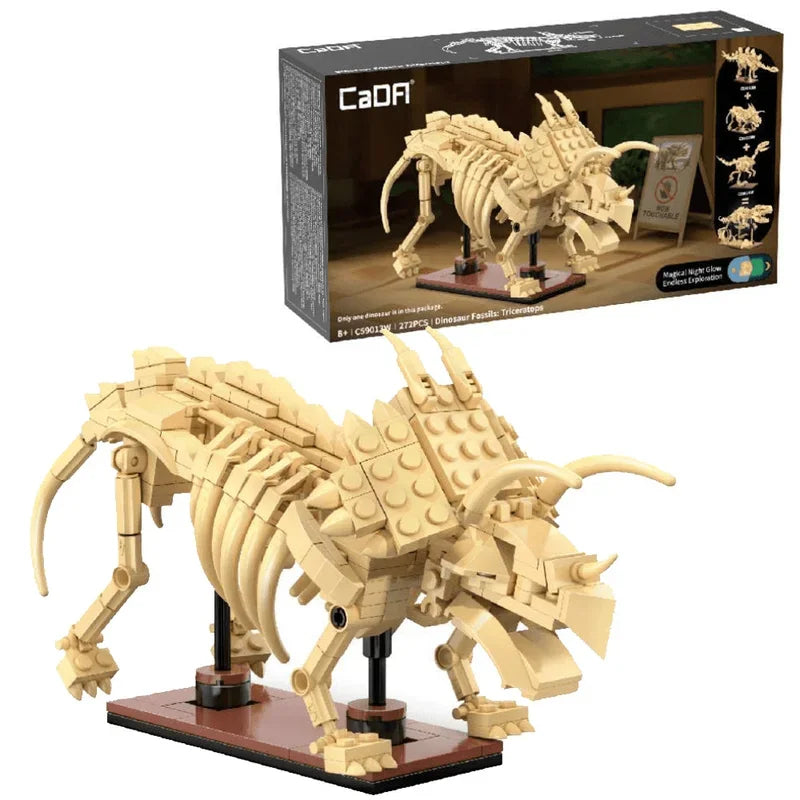 CaDA Dinosaur Fossils Triceratops box with close view of assembled model and glow-in-the-dark feature text