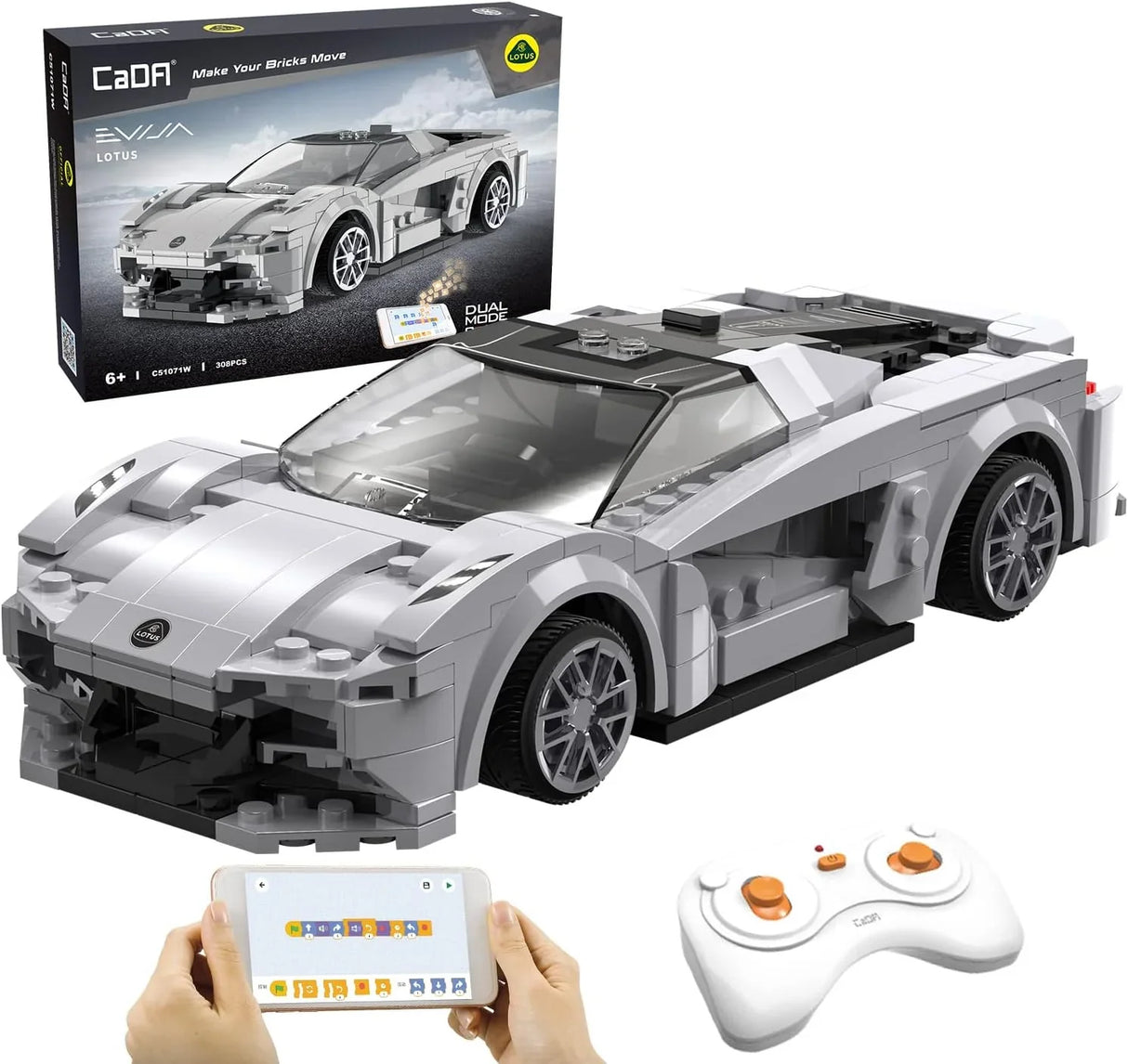 CaDA Lotus Evija 308 piece remote control car set with silver model, controller, app display and branded box