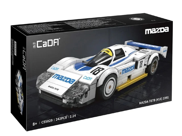 CaDA Mazda 787B 1:24 scale 242 piece model box showing car artwork, logos and product details on black packaging