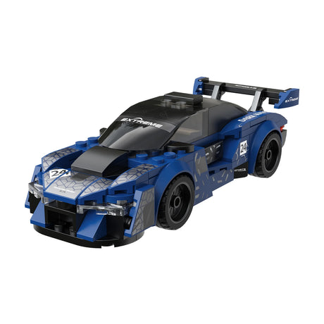 CaDA Night Flash blue 1:24 racecar brick model with detailed stickers, front splitter, and rear spoiler