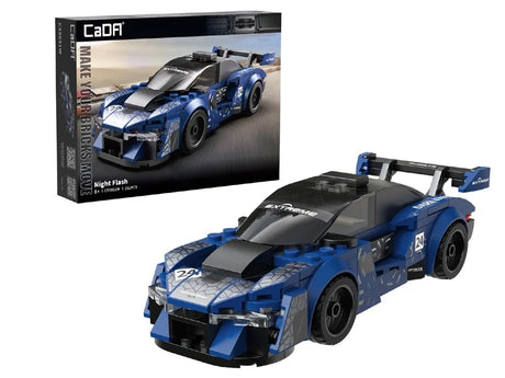 CaDA Night Flash building set retail packaging with blue brick racecar model shown on the box front