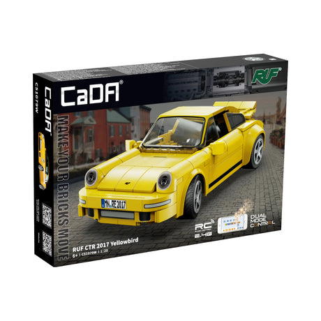 Box of the CaDA RUF CTR 2017 Yellowbird remote control car set showing product artwork and branding