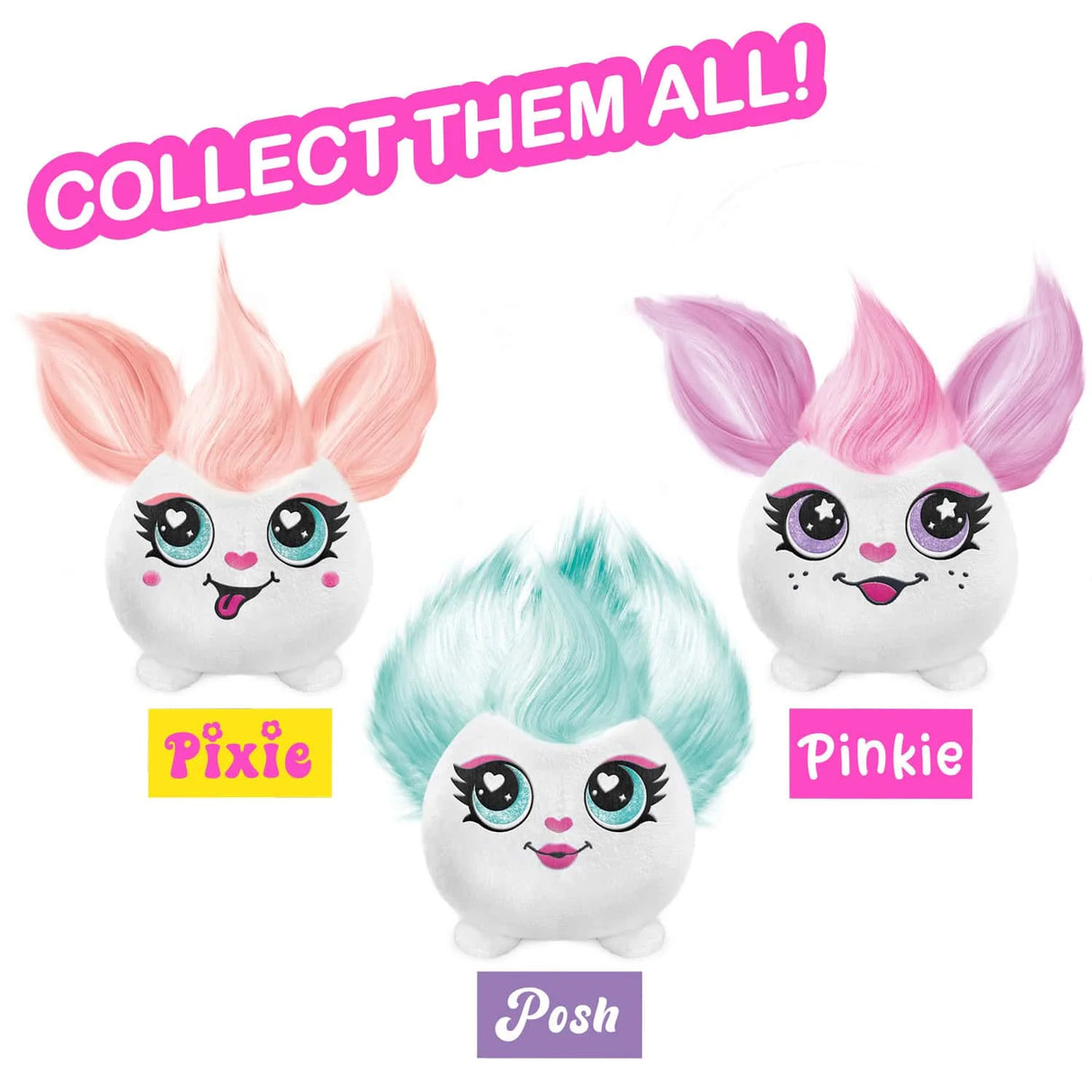 Lineup of Pixie, Posh and Pinkie Airbrush Plush Minis with names shown – Ireland