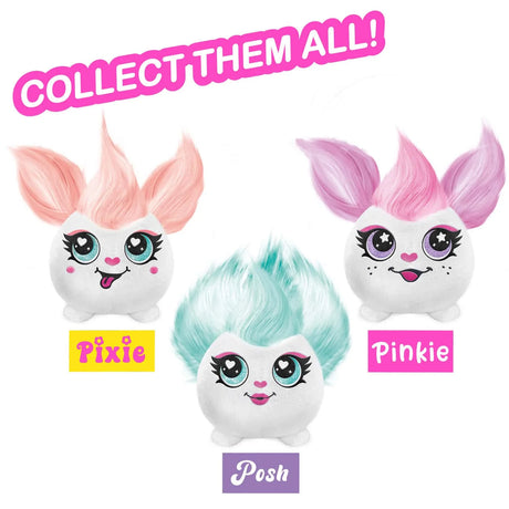 Lineup of Pixie, Posh and Pinkie Airbrush Plush Minis with names shown – Ireland