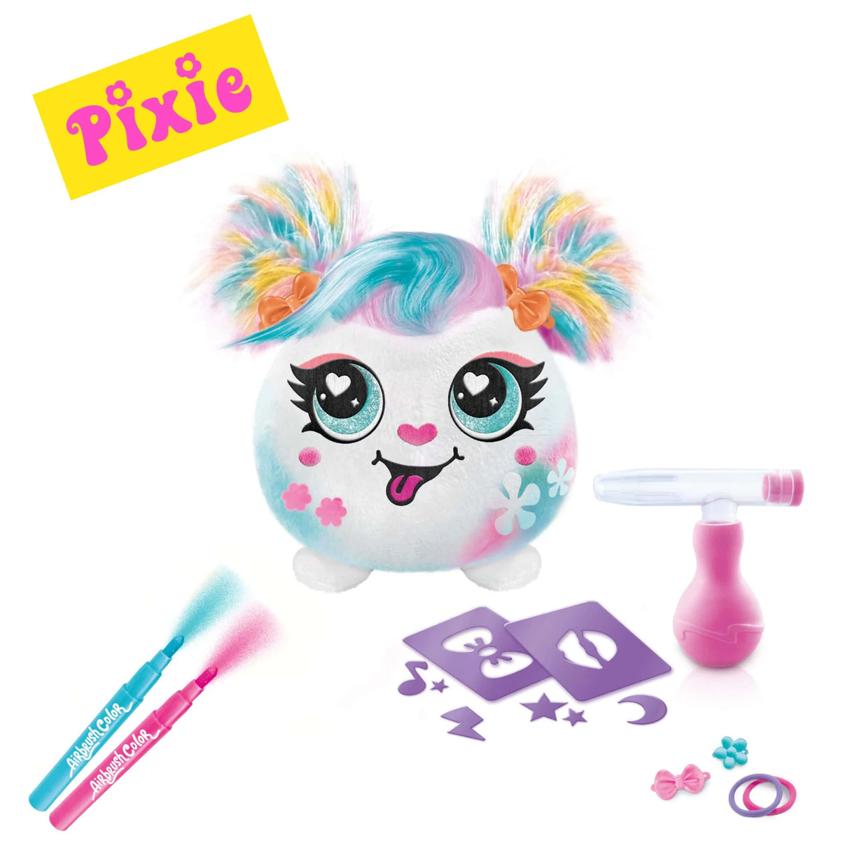 Close-up of Pixie Airbrush Plush Mini with colourful hair, markers and stencils – Ireland
