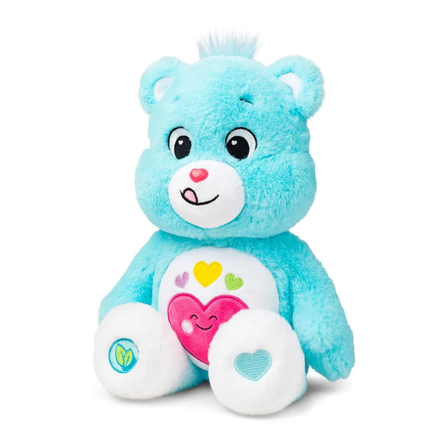 Care Bears Always Here Bear soft blue plush shown at an angle with its heart belly badge.