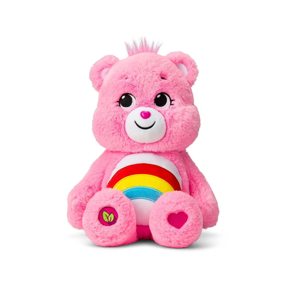 Front view of Care Bears Cheer Bear eco-friendly 14″ plush with rainbow belly badge in Ireland.