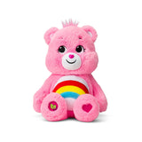 Front view of Care Bears Cheer Bear eco-friendly 14″ plush with rainbow belly badge in Ireland.