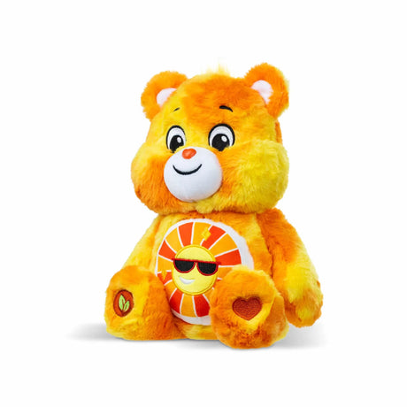 Angled view of Care Bears Color Splash Funshine Bear 35 cm (14 inch) plush showing bright tie-dye fur in Ireland.