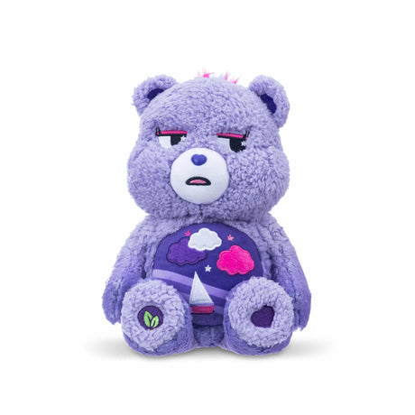 Front view of Care Bears Cozy Stormy Heart Bear plush with night-sky sailboat belly badge in Ireland.