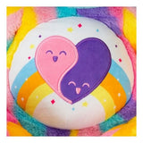 Close-up of the Care Bears Friends Forever Bear embroidered tummy badge showing two interlocking pink and purple smiling hearts on a white and rainbow striped background with star details