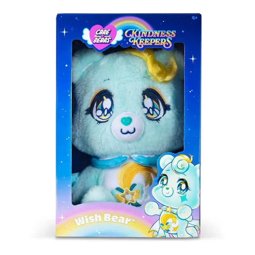 Care Bears Kindness Keepers Wish Bear in blue collector packaging with star decorations, turquoise plush fur, yellow curled hair and shooting star belly badge.