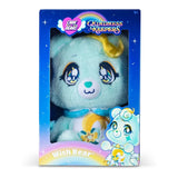 Care Bears Kindness Keepers Wish Bear in blue collector packaging with star decorations, turquoise plush fur, yellow curled hair and shooting star belly badge.
