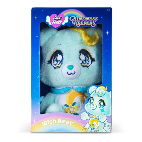 Care Bears Kindness Keepers Wish Bear in blue collector packaging with star decorations, turquoise plush fur, yellow curled hair and shooting star belly badge.
