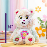 Care Bears Blossom Heart Bear medium plush angled view with multicolour wavy fur and embroidered badge in Ireland.