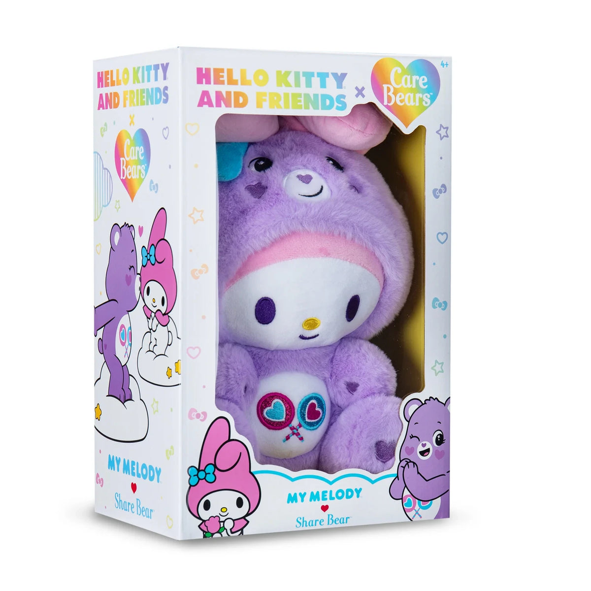 Angled view of My Melody as Share Bear retail box showing the plush through its front opening and illustrated My Melody and Share Bear characters on the side panel.