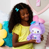 Young girl wearing a yellow top and turquoise hair bow, holding the purple My Melody as Share Bear plush with its pink ears and heart lollipop belly badge visible.