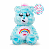 Care Bears 35cm Sweet Serenity Bear blue plush with pink hair tuft, rainbow belly badge, turquoise heart paw pads and calming sensory design graphic on white background.