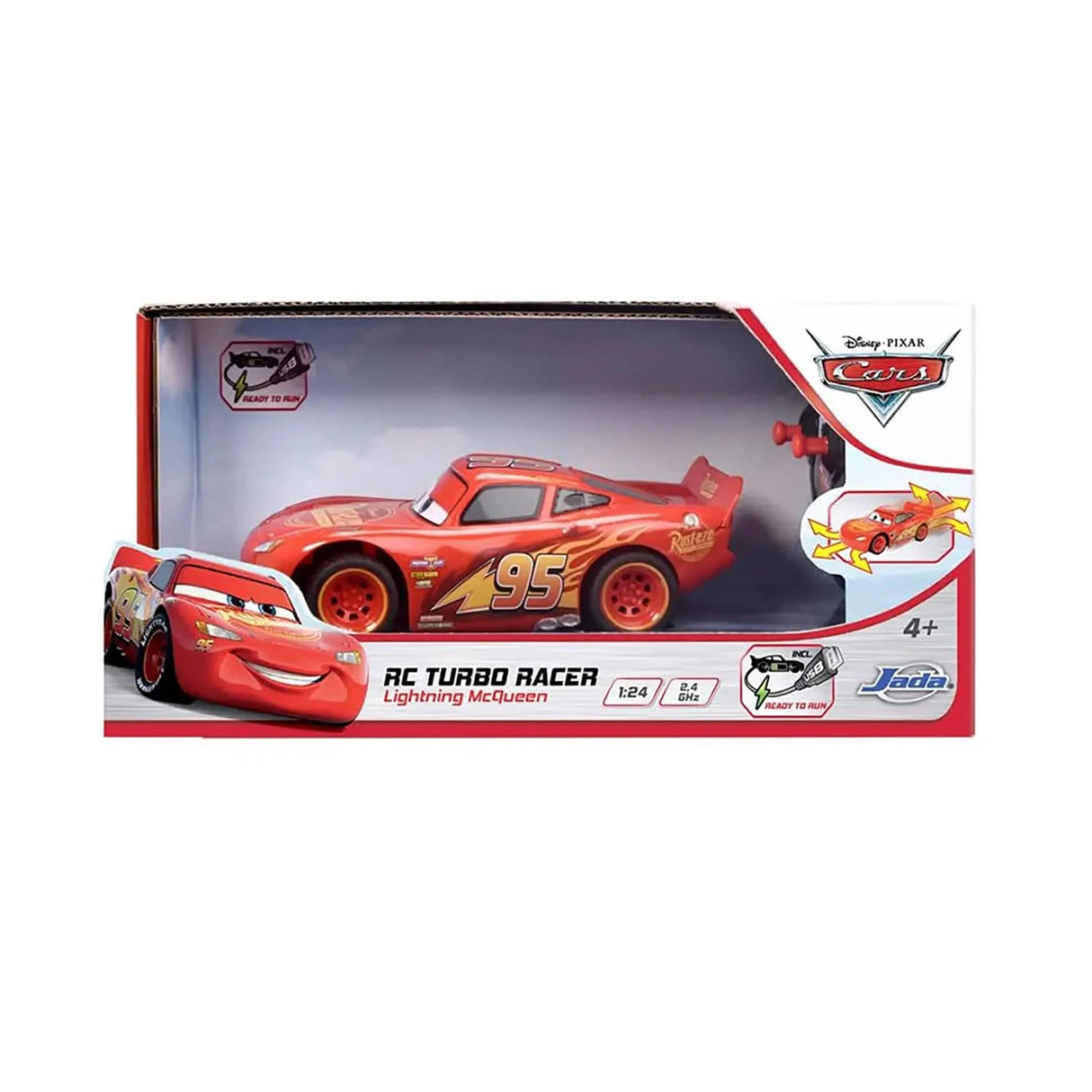 Jada Toys Disney Pixar Cars RC Turbo Racer Lightning McQueen 1:24 in official packaging, side-on view showing the full red RC car with number 95 livery and Rusteze branding through the window box