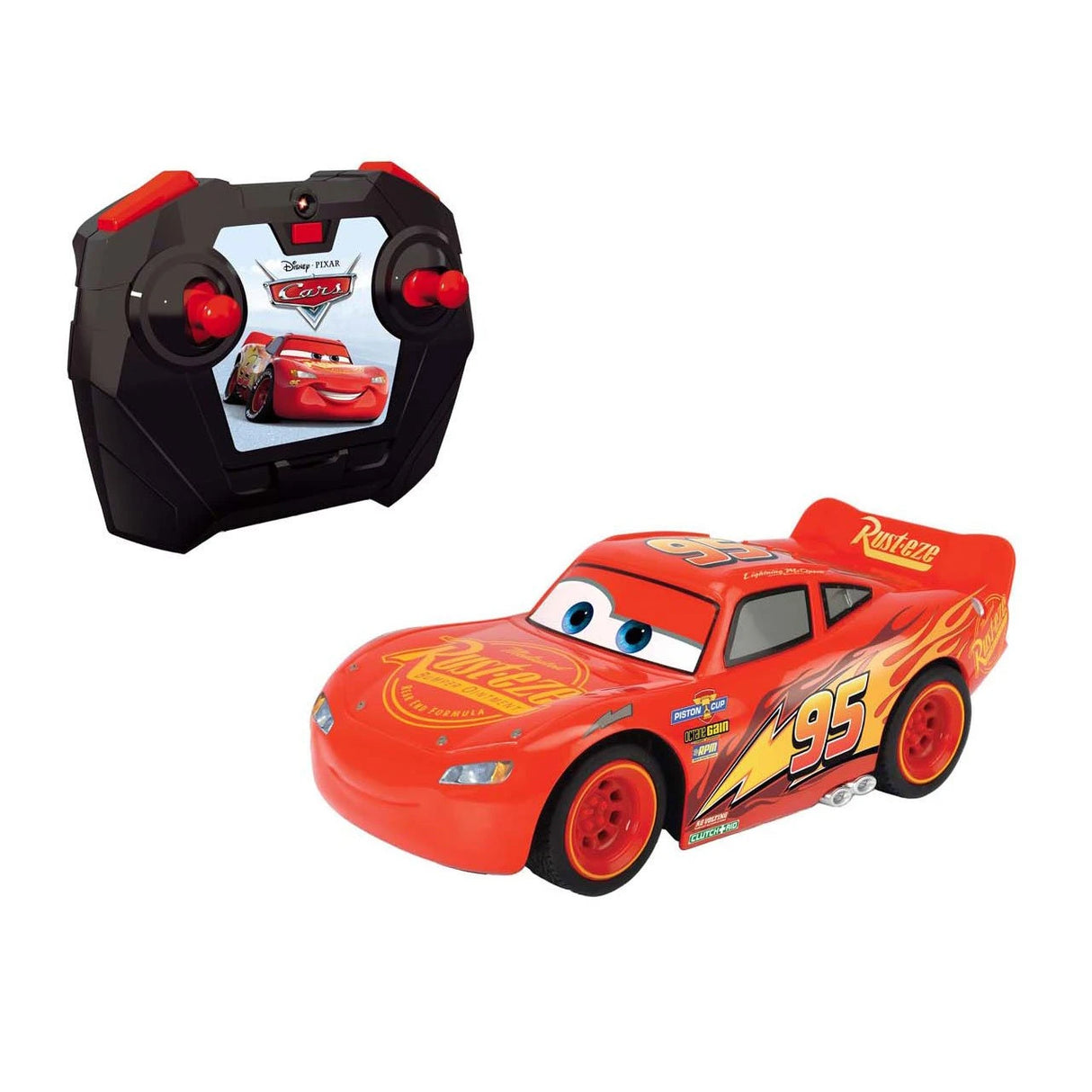 Disney Pixar Cars Lightning McQueen 1:24 RC car three-quarter front view with Cars-branded remote control, showing number 95 livery, Rusteze graphics, orange wheels and character eye detail