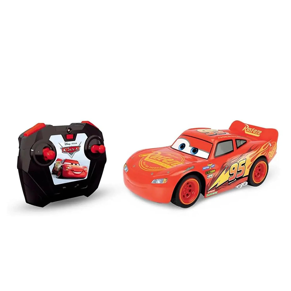Disney Pixar Cars Lightning McQueen RC Turbo Racer 1:24 scale shown from the front alongside the black Cars-branded remote control with dual red joysticks