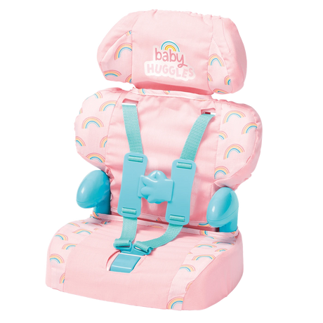 Casdon Baby Huggles Booster Seat product view with pink rainbow print seat, teal hand buckles and adjustable headrest