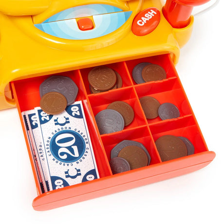 Close-up of Casdon Cash Register drawer with play coins and printed notes – Ireland