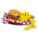 Toy burger and crinkle chips in a red basket with Heinz paper liner