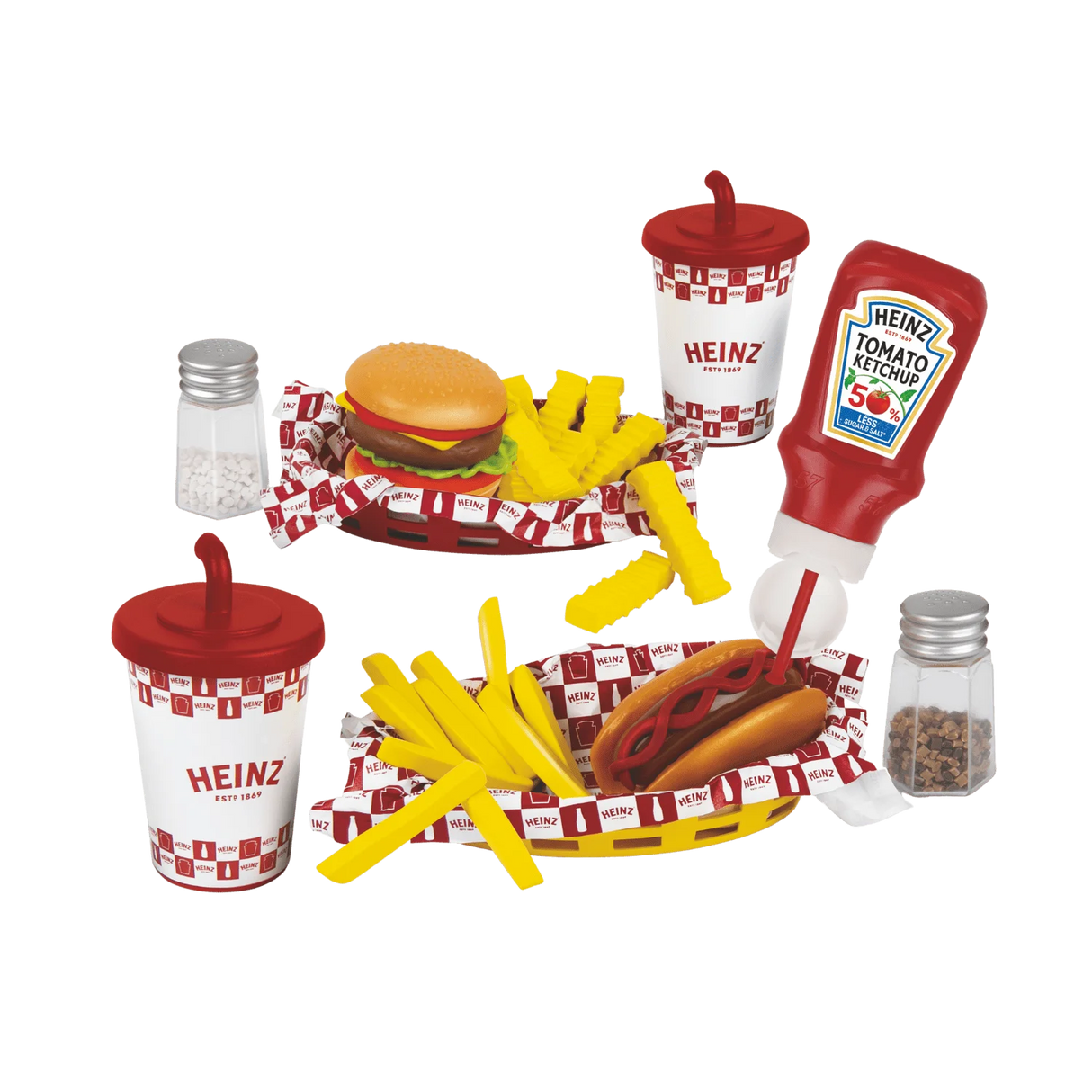 Casdon Heinz American Diner Set with burger, hot dog, chips, cups, ketchup bottle and shakers